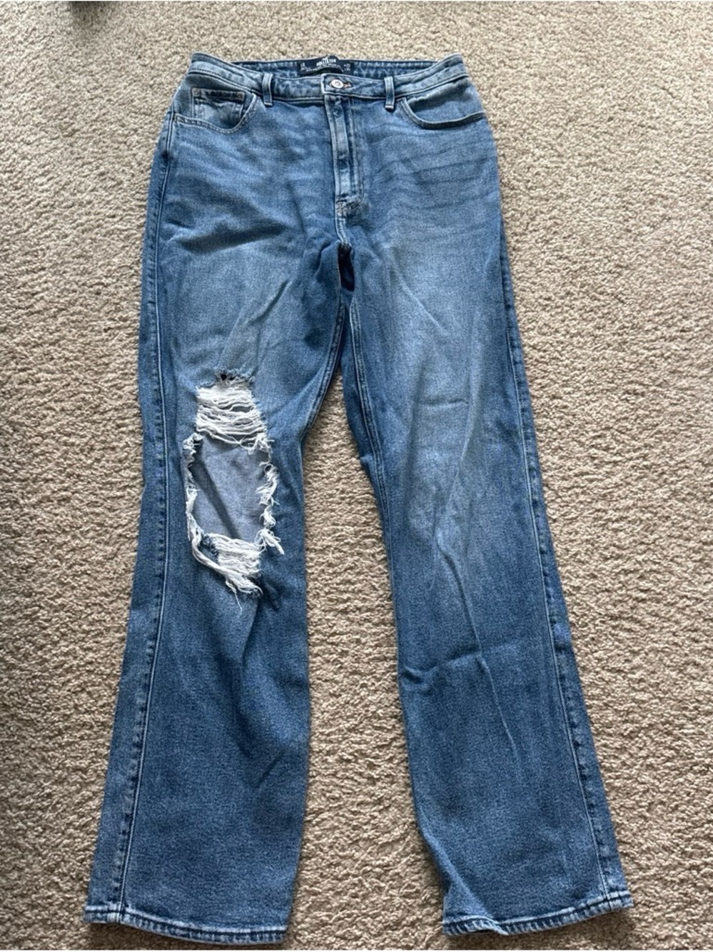 Hollister Torn Straight-Leg Denim Jeans in Medium Blue